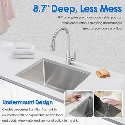 Undermount Single Bowl Kitchen Sink 18 Gauge 304 Stainless Steel Bar Prep With Drain Brushed Finish shown installed with faucet