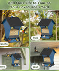 Squirrel Proof Bird Feeder For Outdoors, 5 Pound Metal Hanging Feeder With Two Ports For Cardinals And Chickadees, shown hanging on branches, pole, eaves, and wall.