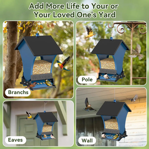 Squirrel Proof Bird Feeder For Outdoors, 5 Pound Metal Hanging Feeder With Two Ports For Cardinals And Chickadees, shown hanging on branches, pole, eaves, and wall.