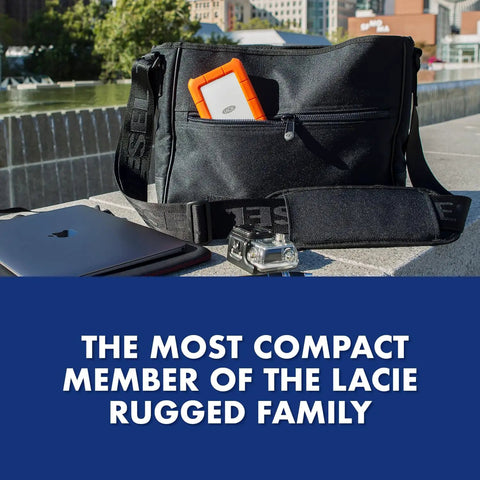 Black bag with Rugged Mini 4TB 2.5 Inch Portable External Hard Drive For PC Mac iPad iPhone With Password Protection displayed outdoors.