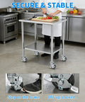 Chef using Top Notch Heavy Duty 4 Inch Swivel Caster Wheels With Side Brake Locks on a kitchen cart for food prep.