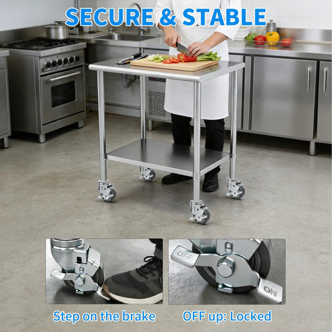 Chef using Top Notch Heavy Duty 4 Inch Swivel Caster Wheels With Side Brake Locks on a kitchen cart for food prep.