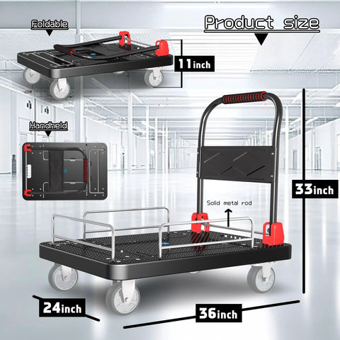 Heavy Duty Flatbed Cart With Wheel Brakes And Foldable Platform Truck dimensions showing 36x24 size and foldable design.