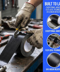 Person cutting heavy duty waterproof duct tape that sticks like crazy for indoor and outdoor repairs, shown on workbench.