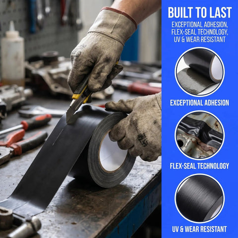 Person cutting heavy duty waterproof duct tape that sticks like crazy for indoor and outdoor repairs, shown on workbench.