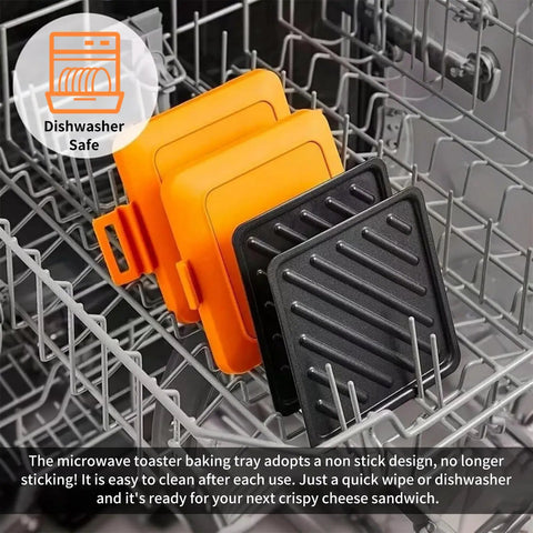 Heatwave Microwave Toastie Maker With Nonstick Tray And Panini Press Dishwasher Safe Compact 5.5x5.5 Inch Orange shown in dishwasher