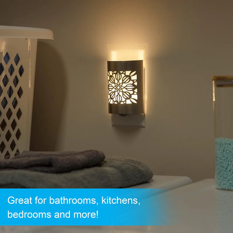CoverLite LED Night Light With Floral Brushed Nickel Finish, Plug In Smart Dusk To Dawn Sensor in bathroom setting.