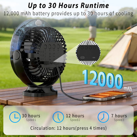 Magnetic Golf Cart Fan With Mist And Light 12000mAh Power Bank Rechargeable Portable Fan on wooden table charging phone