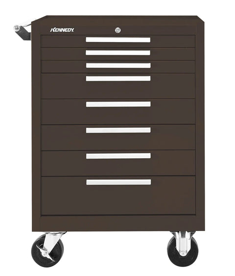8-Drawer Industrial Tool Storage Roller Cabinet With Chest And Wheels, 27 Inch, Tan Brown Wrinkle Finish, Heavy Duty Steel With Top Edges For Contents Security, Auto Lock Drawers, Tubular Lock, Ball Bearing Slides