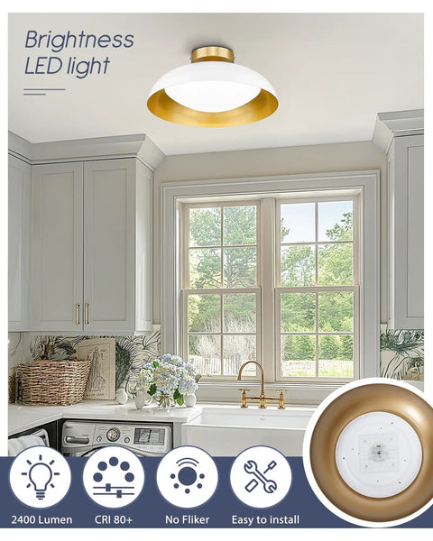 16-Inch LED Flush Mount Ceiling Light With White And Gold Finish, 2400 Lumen, 24W, 5 Color Temperature, Energy Saving Fixture For Living Room Kitchen Bedroom Hallway