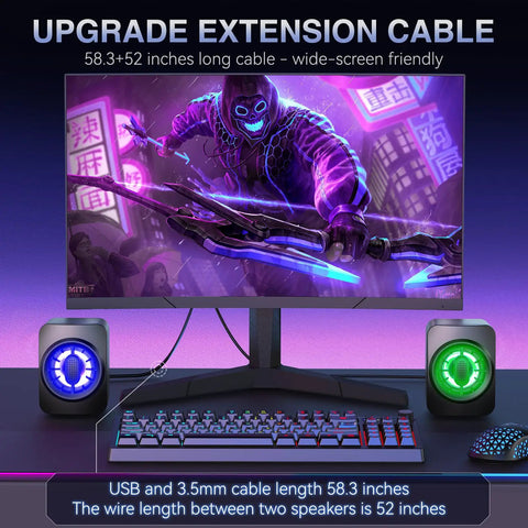 Compact USB Powered PC Speakers with 3.5mm AUX and Dual 3W Drivers, showcasing RGB lighting next to a gaming monitor