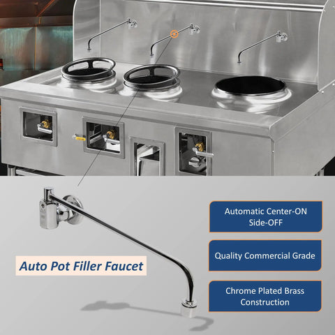 Center On Automatic Wok Range Faucet With Fourteen Inch Spout, Three Eighth Inch NPT Inlet, Wall Mount, Commercial Duty Brass Construction, Polished Chrome Finish, Built For Busy Restaurant Kitchens