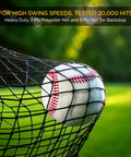 Baseball caught in backyard portable batting cage net, highlighting durable black netting for high swing speeds.