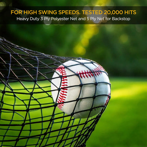 Baseball caught in backyard portable batting cage net, highlighting durable black netting for high swing speeds.