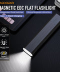 Rechargeable EDC Flashlight Tiny But Mighty Slim Flat Pocket Light With Magnetic Base 1650 Lumen on desk with light beam