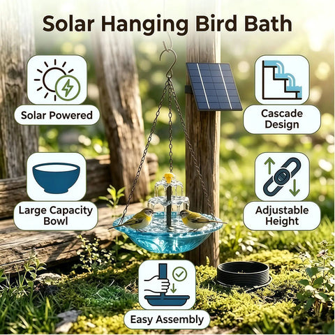 Solar Bird Bath Fountain With Hanging Cascade Water Bowl And Pump Outdoor Garden Decor For Hummingbirds Easy Sun Powered Water Feature That Runs On Direct Sunlight No Batteries Needed Blue hanging in garden with solar panel.