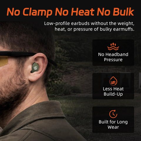 Side view of a man wearing Electronic Shooting Earbuds with Bluetooth, DSP Noise Reduction, SNR 29 dB Hearing Protection in an outdoor setting.