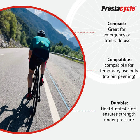 Cyclist riding on a mountain road with Ultra Compact Beefy Heavy Duty Bike Chain Breaker Tool Accessory listed for details