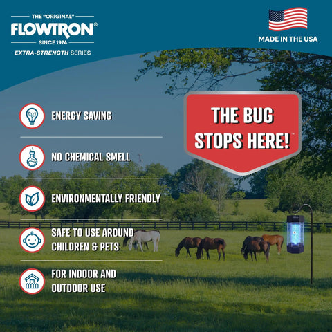 Flowtron bug zapper in outdoor setting with icons for energy saving, no chemical smell, and safe for children and pets, USA made.