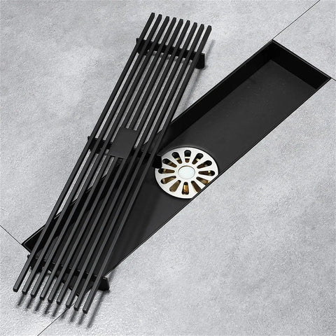 Heavy Duty Stainless Steel Rectangle Shower Drain Tile Insert Grate in black with matching removable hair catcher filter.