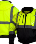 Front and back view of Waterproof Lime Hi Viz Fleece Bomber Workwear Jacket With Detachable Hood Five Pockets Radio Pocket With Clear Panel Mic Tabs Pencil Pockets Class 3 Level 2 Reflective Tape