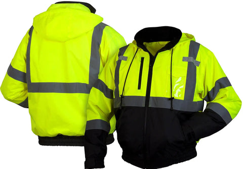 Front and back view of Waterproof Lime Hi Viz Fleece Bomber Workwear Jacket With Detachable Hood Five Pockets Radio Pocket With Clear Panel Mic Tabs Pencil Pockets Class 3 Level 2 Reflective Tape