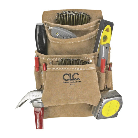 Top Shelf Heavy Duty Suede Leather Carpenter Tool Bag With Ten Roomy Pockets Sturdy Hammer Loop And Universal Tape Clip Hangs Secure On Standard Work Belts Built For The Daily Grind And Trusted By Trade Pros