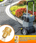 Boltigen M22 high-pressure washer adapter with brass 4800 PSI extension, 1/4NPT male x M22-14 male (front view)