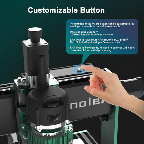 AnoleX CNC Router 3030-Evo Max, all-metal frame with dual steel linear guides; hand near control knob