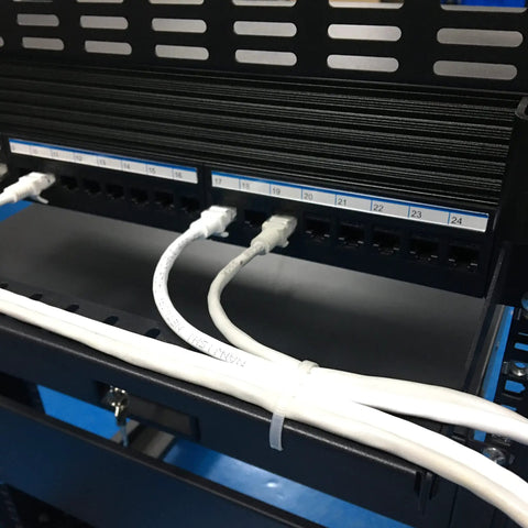 Two Pack 1U Horizontal 19 Inch Rack Mount Cable Management Bracket Cross Bar Panel Black for network cabinets with cables connected