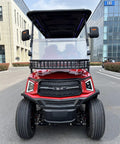 Front view of Heavy Duty Six Passenger Electric Golf Cart With Six Point Three Kilowatt AC Motor And Forty Eight Volt Electronics Built In Solar Panels Remote Key Fob And Dope Candy Apple Red Paint For No Sweat Fairway Cruising.