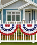 Eight Pack Pleated Bunting Flags 1.5x3 Feet For Outdoor Use Red White And Blue All American Patriotic Decor on fence
