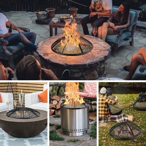 36 Inch Round Fire Pit Screen With Handle And Poker, Collapsible Heavy Duty Mesh Cover For Outdoor Patio Backyard RV Camping And Beach, Stainless Steel Build With 12 Support Rods in various outdoor settings.