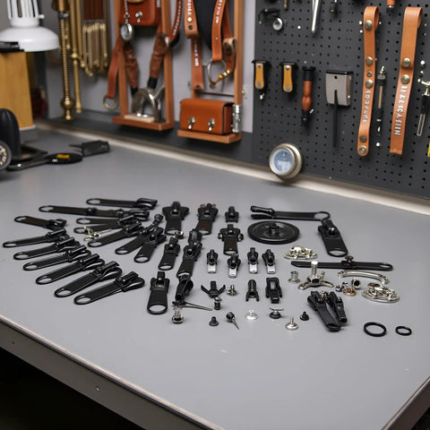 Six Pack Black Zipper Repair Kit Set With Metal Slider Universal Fix For 3 Zip Sizes scattered on a workbench.