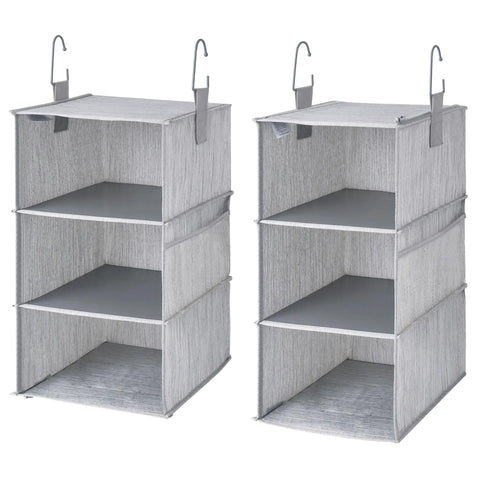 Hella Versatile Hanging Closet Organizers, 10 Pack Convertible Storage Shelves in gray, featuring two 3-tier wardrobe racks.