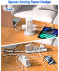Straight Up Essential Power Strip Tower And Charging Station With Nine AC Outlets And Eight USB Ports, compact tower on desk.