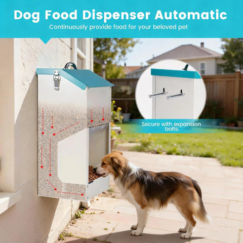 No Sweat Automatic Dog Feeder For Large Breeds With Galvanized Dry Food Dispenser and Clear Gravity Door blocks critters, dog feeding by dispenser.