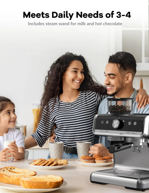Pro Vibes Espresso Machine With Built In Burr Grinder And Milk Frother, 30 Setting Coffee Maker For Silky Lattes And Darn Good Cappuccinos in family kitchen setting with coffee.