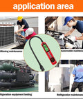 Red handheld high-sensitivity halogen Freon leak detector with UV light probe and heated diode sensor, digital display.