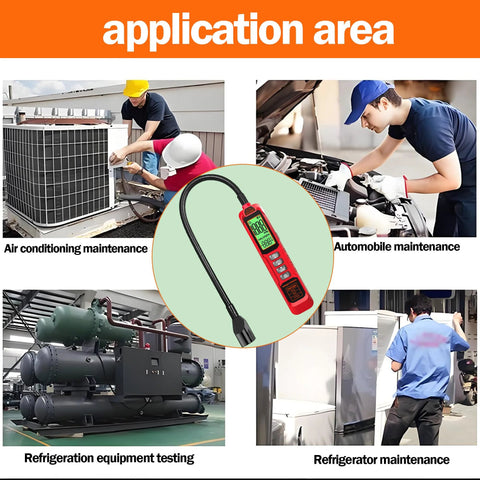 Red handheld high-sensitivity halogen Freon leak detector with UV light probe and heated diode sensor, digital display.
