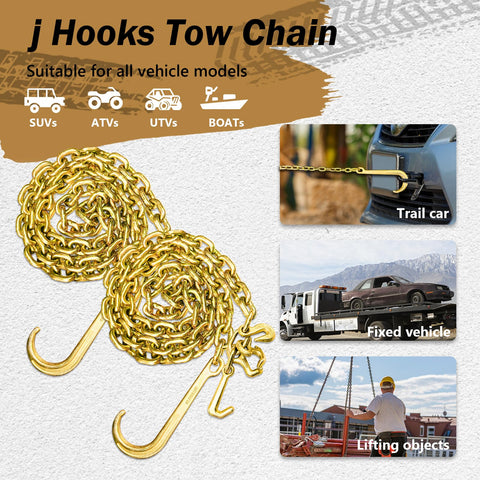 Two Pack Grade 80 Tow Chain With J Hooks And RTJ Grab Hooks Five Sixteenth Inch By Six Foot Recovery Chain 18800 Lbs Tow Truck Bridle Chain Wrecker Towing Equipment