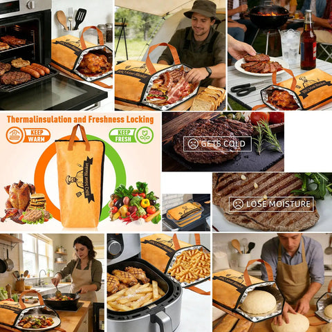 Collage of Resting Meat BBQ Blanket Insulated Heat Shield for brisket, pork, and turkey used in cooking and air fryer.