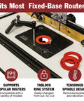 Universal Router Lift Mast-R-Lift II with built-in locking for above table bit changes, supports fixed-base routers