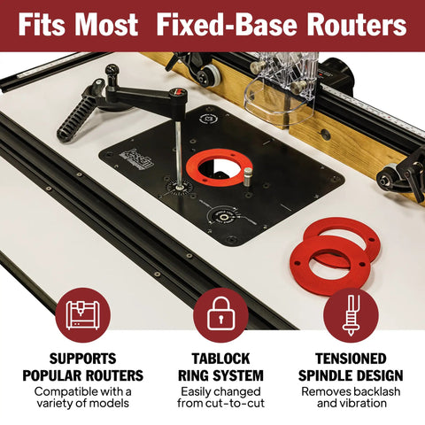 Universal Router Lift Mast-R-Lift II with built-in locking for above table bit changes, supports fixed-base routers