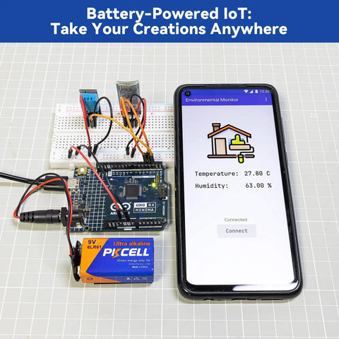 Display of Ultimate Sensor Kit For Arduino Uno R4 Minima With RoHS Certified Sensors showing temperature and humidity on smartphone app.