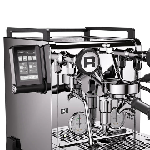 Heavy Duty Dual Boiler Espresso Machine Featuring Programmable Pre And Post Infusion with PID screen and polished chrome finish.