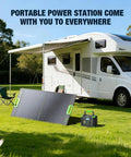 Portable Power Station 330W Peak 600W Solar Generator 288Wh With 60W USB C PD next to RV under awning in grassy campsite.