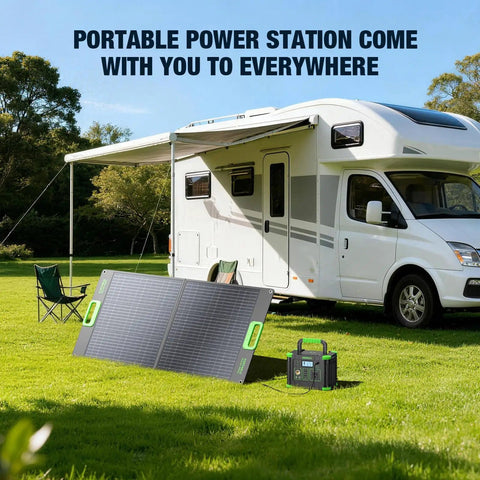 Portable Power Station 330W Peak 600W Solar Generator 288Wh With 60W USB C PD next to RV under awning in grassy campsite.