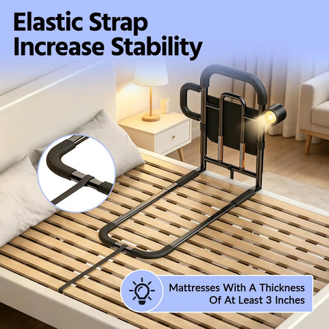 Senior Bed Rail With Remote Light And Height Adjust on wooden slat bed, elastic strap detail, bedside lamp, installation view