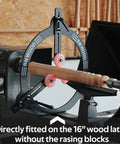 Heavy Duty Woodturning Steady Rest With Triple Rubber Rollers For 16 18 20 Inch Swing Lathes mounted on a 16-inch lathe with wood piece.